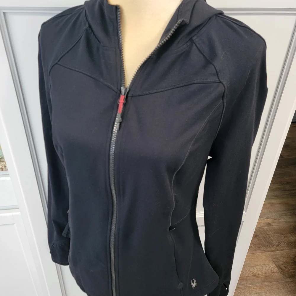 Spyder Active Jacket Womens Medium Black Full Zip Hooded Logo Athleisure Gym - Picture 5 of 12